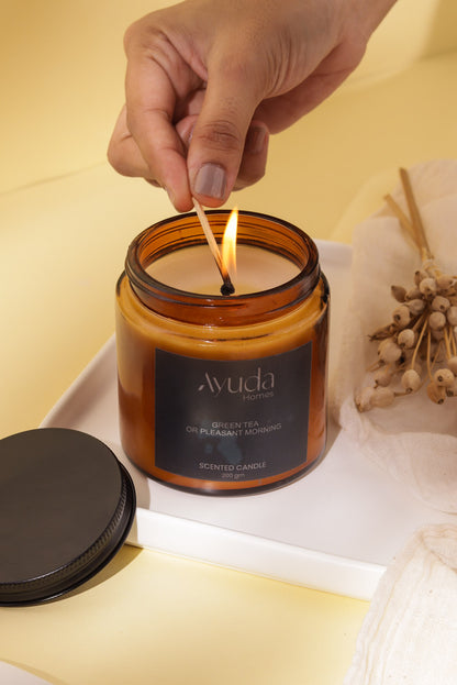 Green Tea Scented Candle - Soy Wax | Amber Glass Jar - Ayuda Homes