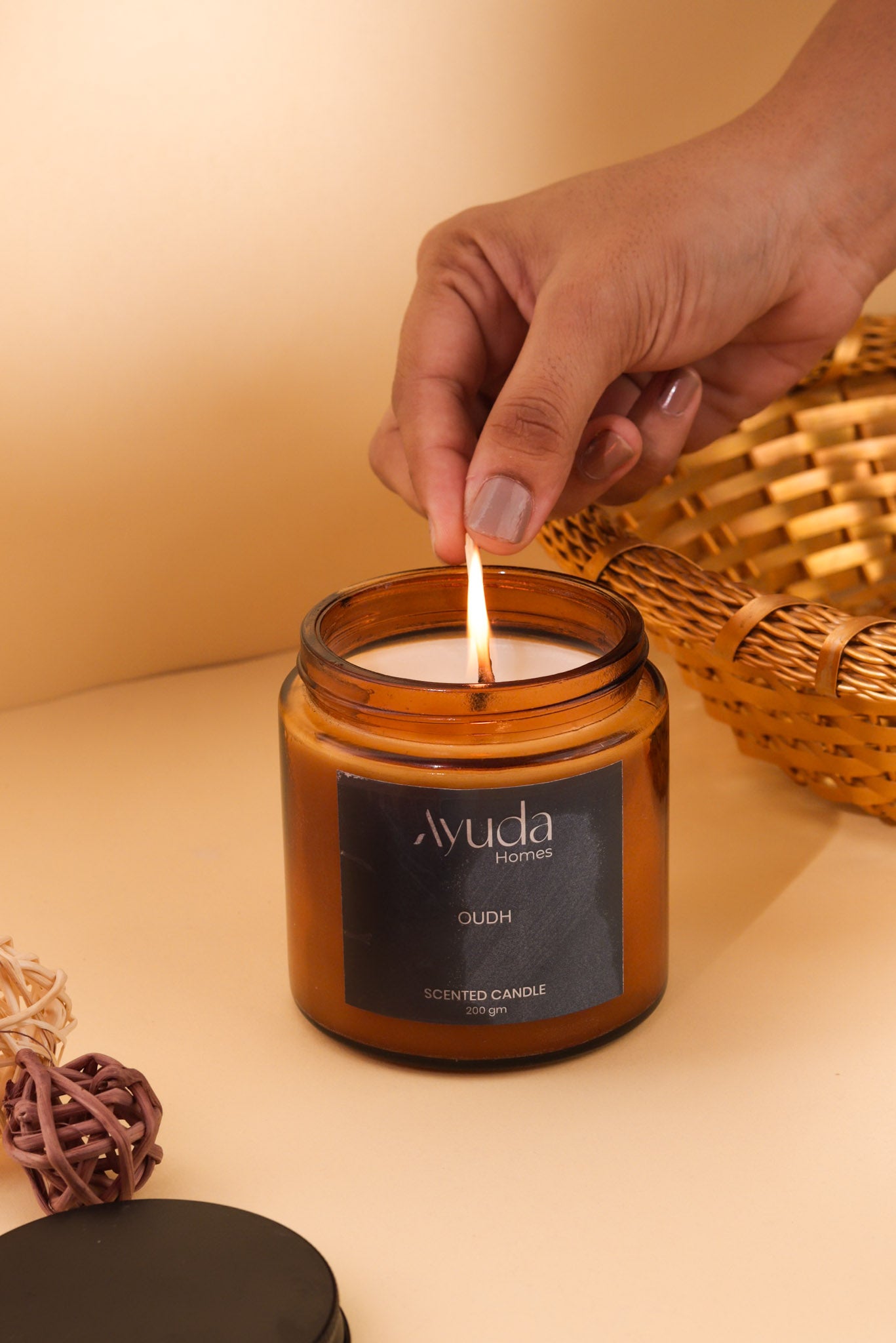 Oudh Scented Candle - Soy Wax | Amber Glass Jar - Ayuda Homes