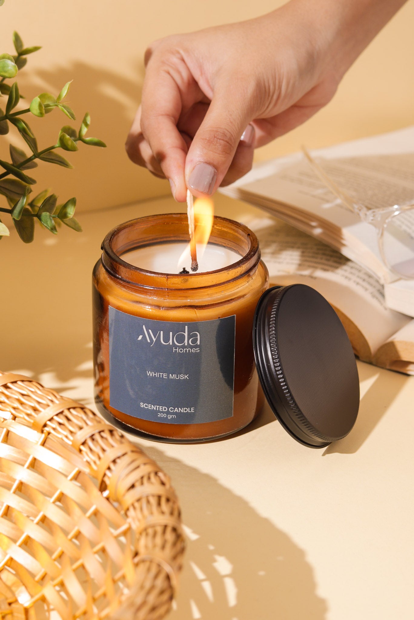 White Musk Scented Candle - Soy Wax | Amber Glass Jar - Ayuda Homes