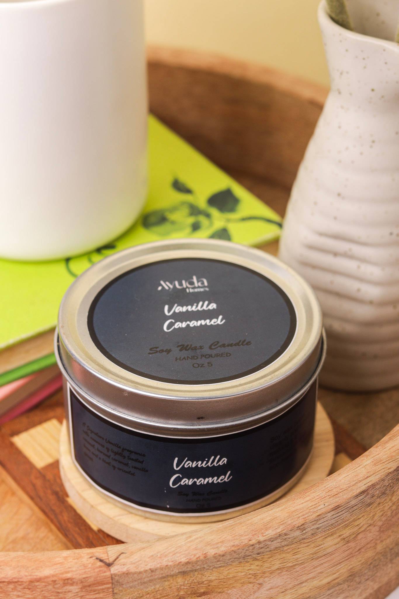 Vanilla Caramel Scented Candle - Soy Wax | Tin Jar - Ayuda Homes