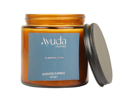 Pumpkin Chai Scented Candle - Soy Wax | Amber Glass Jar - Ayuda Homes