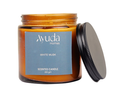 White Musk Scented Candle - Soy Wax | Amber Glass Jar - Ayuda Homes