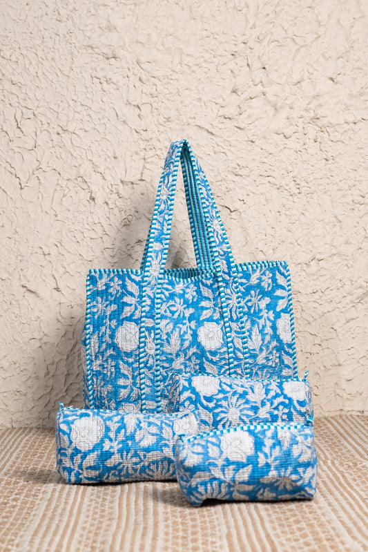 Baby Blue Quilted Tote Bag with Set of 3 Pouches